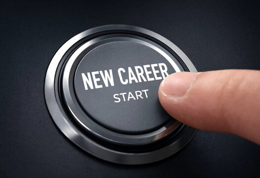 Closeup of a finger pressing a modern metallic button labeled new career start symbolizing opportunity