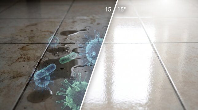 Before and After Split Screen of Floor Cleaning Showing Elimination of Germs and Bacteria for Hygiene. Tile cleaning split-screen comparison. Floor Cleaning Hygiene Germs Sanitation Comparison