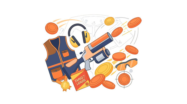 Clay pigeon shooting equipment set with shotgun, vest, and targets vector illustration on white.