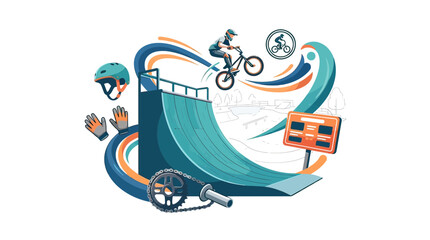 Fototapeta premium Dynamic BMX Freestyle Illustration Featuring a Rider Jumping Off a Ramp with Gear and Abstract Curves