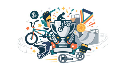 Fototapeta premium BMX Extreme Sports Championship Illustration Featuring Trophy Gold Medal Bike Helmet and Skatepark
