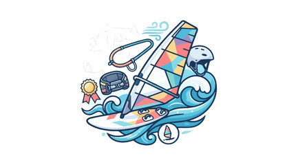 Fototapeta premium Dynamic Windsurfing Sport Concept with Equipment Icons Waves and Achievement Award Medal Vector