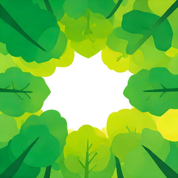 Wide shot of a forest canopy of fresh spring greenery viewed from below, low angle looking up, flat vector illustration