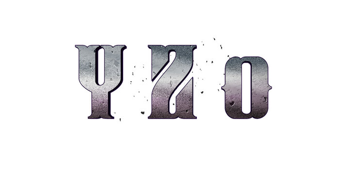 3D vintage silver metallic letters Y, Z and number 0 with grunge steel texture isolated on black background
