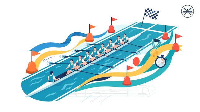 Team Rowing Competition Illustration with Eight Oarsmen and Coxswain Racing Towards the Finish Line