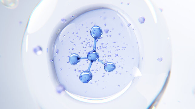 molecule inside bubble on blue background, concept skin care cosmetics solution. 3d rendering.