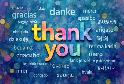 Colorful thank you word cloud with multiple languages expressing gratitude on vibrant background