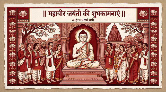 Traditional Indian art depicting Mahavir Jayanti worship.