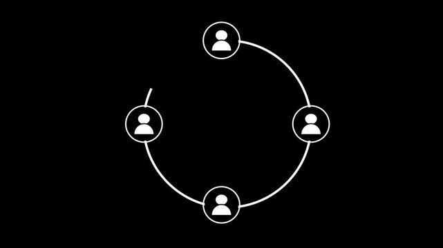 Ring connected user profile network loop animation on black background
