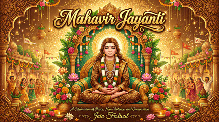 Obraz premium Lord Mahavir sitting in meditation for Mahavir Jayanti festival.