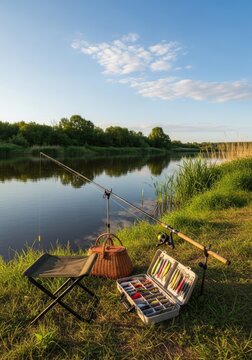A fisherman sits on a folding stool beside a river, preparing for a fishing trip. He has a tackle box and a small basket with fishing supplies.