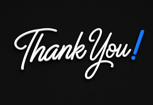 Elegant thank you text with cursive font and blue exclamation mark design
