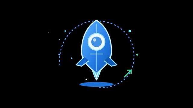 Animated blue rocket launch with orbiting for tech and startup business concepts