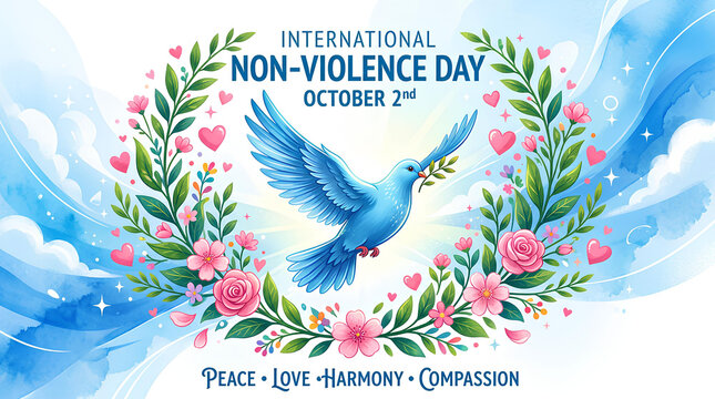 International Non-Violence Day banner with dove and flowers