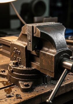 A weathered metal vise sits on a wooden workbench. The vise is dark gray and shows signs of use, with a textured surface.