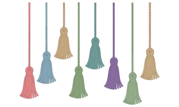 Colorful decorative tassel ornaments vector set, traditional hanging embellishments for textile design clothing accessories crafts and decoration