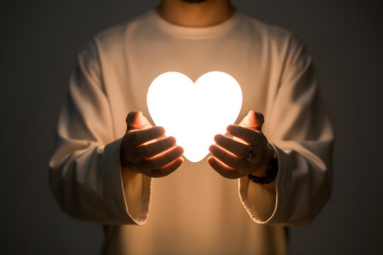Person holding glowing heart shape in hands representing love and care