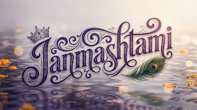 Elegant purple cursive lettering janmashtami with crown and peacock feather for religious festival greeting card design.