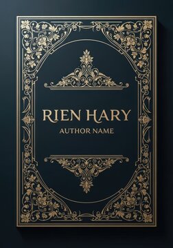 A dark blue background frames a book cover featuring the name "Rien Hary" in gold lettering. Elaborate, ornate floral patterns border the text, creating a luxurious and vintage aesthetic.
