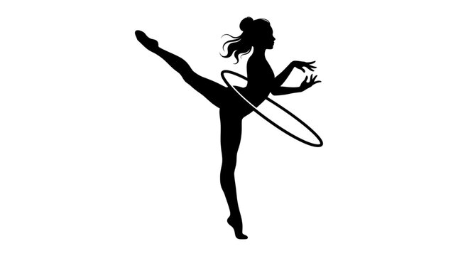 Graceful ballerina silhouette performing artistic hula hoop dance movements in this creative black vector illustration against a clean white background