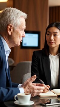 A young entrepreneur listens carefully as her mentor speaks across a small table, notebook open in front of her. Business guidance concept