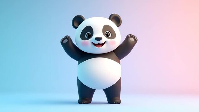 A cute cartoon panda bear is dancing with a happy expression