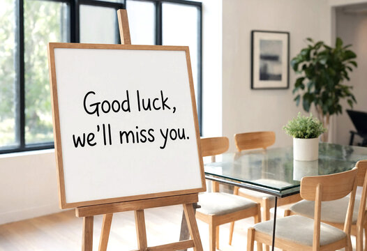 Handwritten goodbye message on a canvas in a modern dining room setting with chairs and plants