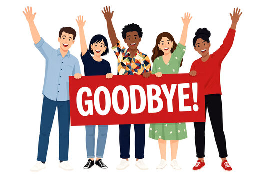 Happy diverse group of people waving and holding a red goodbye sign together smiling cheerfully
