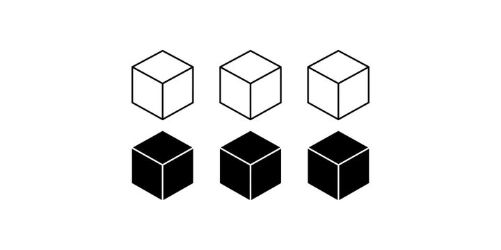 Three isometric cube outlines and solid shapes on a checkered background.