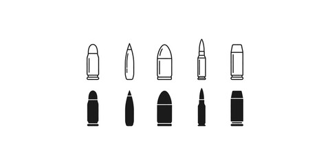 Collection of outline and solid black bullet icons for firearm ammunition representation. © Developer
