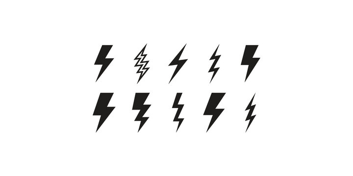 Set of black lightning bolt icons in various dynamic shapes for power and energy concepts.