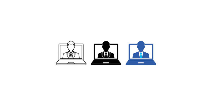 Video conferencing and remote work professional icon set with laptop and human silhouette for business and communication graphics.