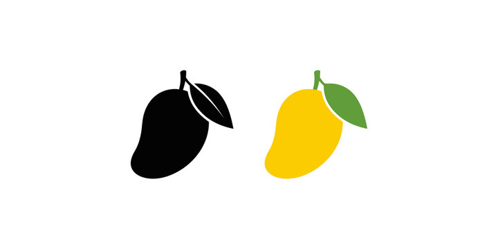 Mango fruit icon with leaf in solid black and colorful vector style for healthy food and agriculture business graphics.