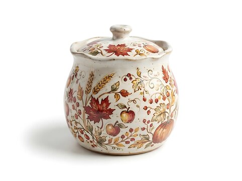 Handcrafted ceramic storage jar with autumn harvest pattern on a white background.