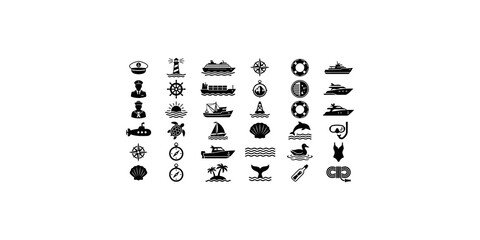 Extensive collection of black silhouette nautical and marine themed icons including ships boats and sea life symbols. © Nimra