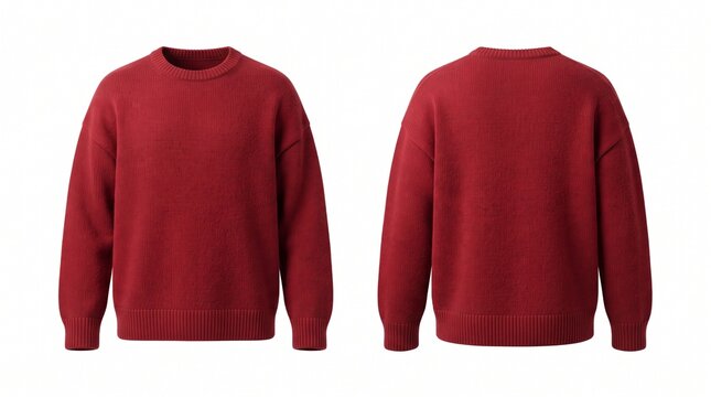 Blank red knit sweater mockup with front and back views isolated on white background for apparel template