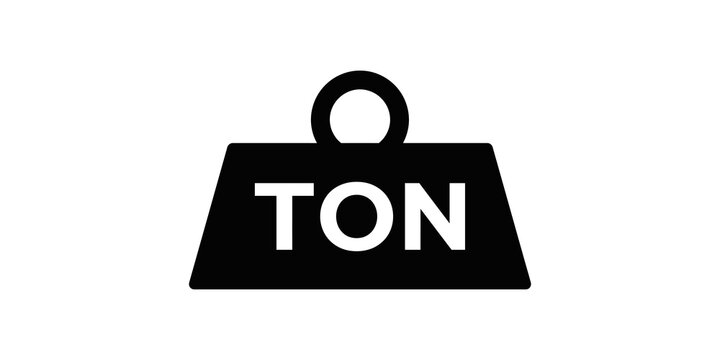 Heavy black weight icon with ton text on a solid background.