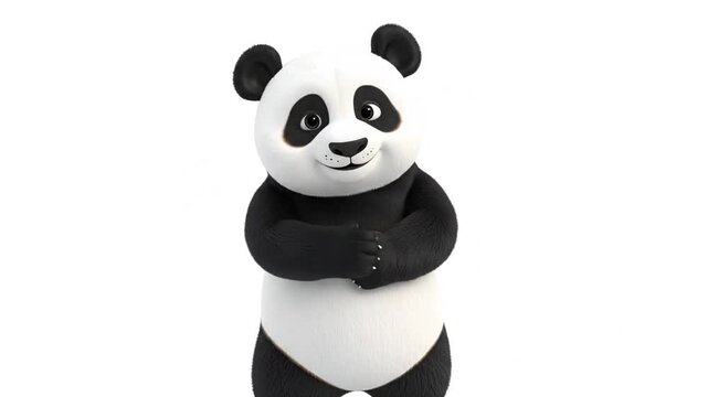 A cute cartoon panda bear is waving at the camera happily
