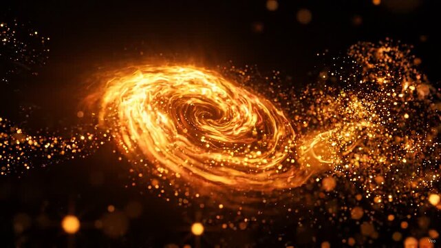 Vibrant golden spiral galaxy with fiery light particles in deep space background
