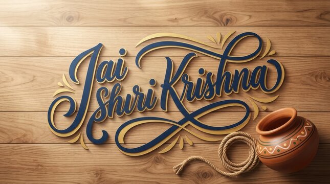 Jai Shri Krishna dark blue and gold calligraphy on wooden surface with traditional clay pot and rope for janmashtami card.