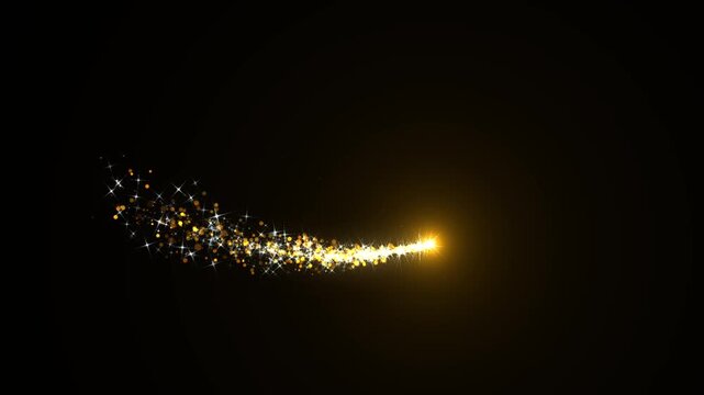 Golden star dust trail with magic sparkle particles, glittering light streaks, shining bokeh Christmas gold particles and sparkles, magic light with fairy tail glitter particles sparkling. 4K HD video
