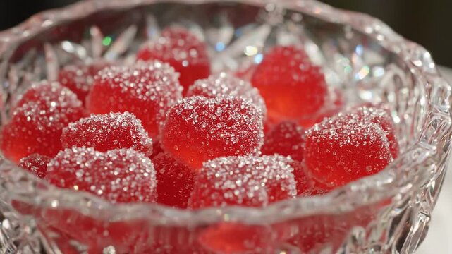 Crystal glass bowl filled with sugar coated red gummy candies for festive treats