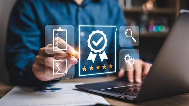 Businessman working on a laptop with quality assurance certification icon and review management software concept