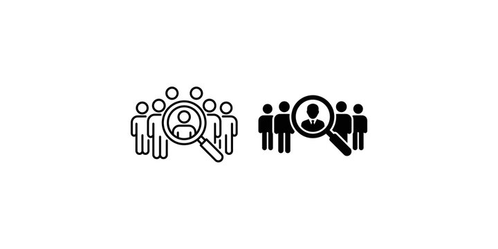 magnifying glass over group of people icons for recruitment and search.