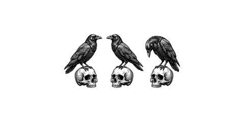 Naklejka premium Three detailed black ravens perched on skulls in gothic illustration style.