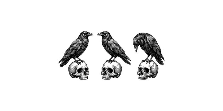 Three detailed black ravens perched on skulls in gothic illustration style.