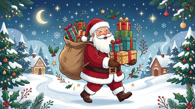 Santa Claus delivering gifts in snowy winter village illustration for Christmas holiday background