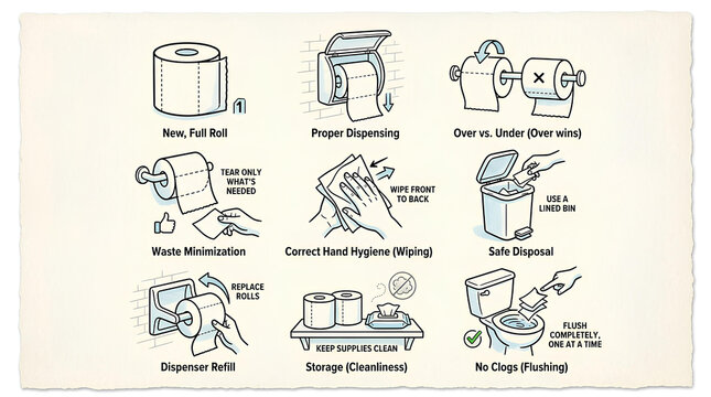 Toilet paper usage and hygiene instructions vintage style infographic.