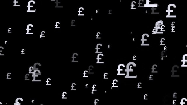 Floating white British pound currency symbols motion graphics background on black