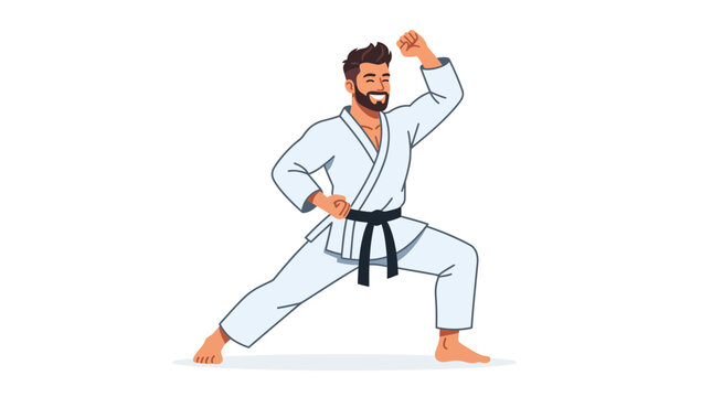 Martial arts instructor in a white gi practices a defensive block position.
